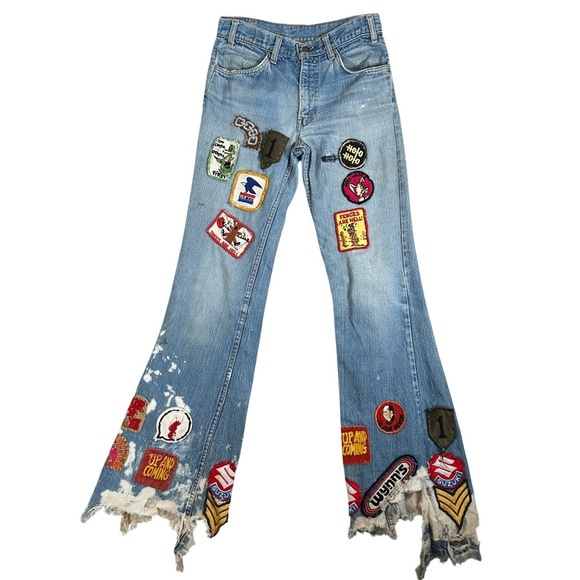 Levis Strauss Denim - Levi's‎ Custom Patchwork Flare Jeans Distressed Festival Boho 70s Hippie bell